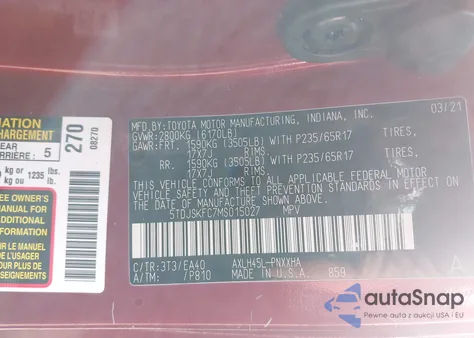 2021 Toyota Sienna Xle z USA, uszkodzony, nr VIN 5TDJSKFC7MS015027